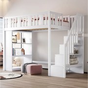 Łóżko piętrowe dla dzieci - 90 x 200 cm - ze schowkiem w schodach i półką - drewno + MDF - białe