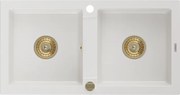 Mexen Mario zlewozmywak granitowy 2-komorowy 820 x 436 mm, biały, syfon złoty - 6504822000-20-G