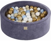 Okrągły Suchy Basen Z Piłeczkami 7cm Dla Dziecka, 90x30cm/200 Piłek, Welurowy, Szaroniebieski, Piłki: Złote, Błękitne, Beżowe, Białe - Meowbaby®
