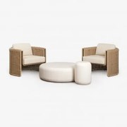 Zestaw Ogrodowy Z 2 Fotelami Ze Stali I Syntetycznego Rattanu Lina Oraz 2 Stolikami Kawowymi Z Cementu Fonelas Tkaniny Gardenia Biel - Sklum