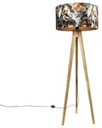 Lampa podłogowa w stylu vintage z drewnianym abażurem w kwiatowy wzór 50 cm - Tripod Classic klasyczny/Antyczny Oswietlenie wewnetrzne