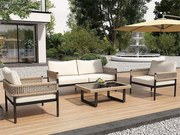 Modułowy zestaw mebli ogrodowych z ocynkowanej stali, ozdobiony sznurkiem - 4 miejsca - 1 sofa, 2 fotele i 1 stolik kawowy - Beżowy