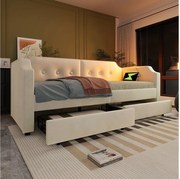 Leżanka 90x200 cm Łóżko dla dorosłych z lampką do czytania i portem USB, 2 szuflady - beżowy aksamit (bez materaca)