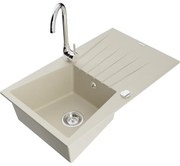 Mexen Cesar zlewozmywak granitowy 1-komorowy z ociekaczem i baterią kuchenną Telma, beżowy - 6514-69-670200-00