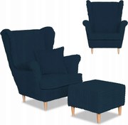 Fotel uszak Rene z podnóżkiem skandynawski Family Meble niebieski sztruks