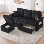 Czarna sofa 4-osobowa - Sofa narożna z oświetleniem LED i podnóżkiem ze schowkiem - uchwyt na kubek i boczne kieszenie - sztruks