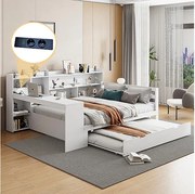 Sofa z funkcją spania z litego drewna 140x200 cm - z biurkiem + regałem - schowkami + półkami - z gniazdkami - z łóżkiem wysuwanym - biała