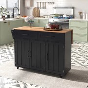 Czarny wózek - wyspa kuchenna z 2 drzwiami i 2 szuflady - wieszak na ręczniki i 5 kółek - wysuwana tacka