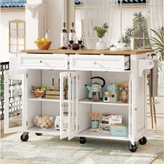 Biała wyspa kuchenna - Wózek kuchenny z 2 szufladami i 4 szklanymi drzwiami - półka na przyprawy i wieszak na ręczniki