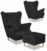 Fotel uszak Angelo z podnóżkiem pikowany czarny