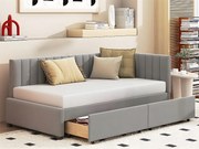 Łóżko tapicerowane welurowe 90x200cm - z 2 dużymi szufladami i stelażem na listwy - Szare