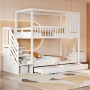 Łóżko piętrowe 90x200 cm – Łóżko dziecięce z drabinką i 2 szufladami – białe