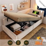 Łóżko z pojemnikiem 90x190 cm - Łóżko dziecięce z lampką do czytania i ładowarką USB - beżowy aksamit - bez materaca