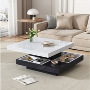 Stolik kawowy kwadratowy z 4 przegrodami i obrotowym blatem - 70 x 70 x 36 cm - Płyta wiórowa - Czarny + biały