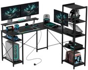 HOMCOM Biurko narożne L-kształtne z ładowarką, komputer stół narożny z podstawką pod monitor i półkami, do domowego biura, czarne