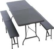 Zestaw ogrodowy, 2 ławki i stół w stylu rattanu - antracyt