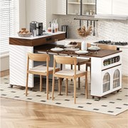 Rozkładana wyspa kuchenna na kółkach z blatem szklanym - 110,5 x 50,5 x 95,5 cm - z drzwiami i szufladą - MDF + szkło - biała + brązowa