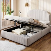 Łóżko tapicerowane ze schowkiem - 140 x 200 cm - z hydraulicznym schowkiem + zagłówek - MDF + metal + sklejka - Biały + Antracyt