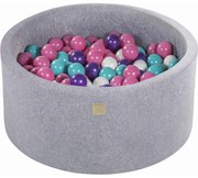 Okrągły Suchy Basen Z Piłeczkami 7cm Dla Dziecka, 90x40cm/300 Piłek, Welurowy, Jasnoszary, Piłki: Turkusowe, Fioletowe, Jasnoróżowe, Białe - Meowbaby®