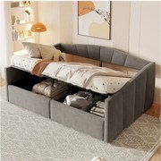 Tapicerowana sofa z funkcją spania dla dwóch osób - 140 x 200 cm - z hydraulicznym schowkiem + podłokietnikami - aksamit + metal + sklejka + MDF - szary