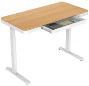BIURKO Z REGULACJĄ WYSOKOŚCI VELSEN ELEKTRYCZNE USB FUNKCJA PAMIĘCI BIAŁE Z BLATEM W KOLORZE DREWNA