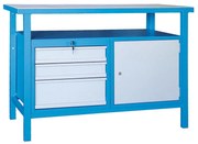 Stół warsztatowy GD, świerk + bukowa sklejka, 3 szuflady, 1 szafka, 1190 x 600 x 850 mm, niebieski