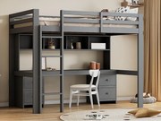 Łóżko mezzanine 90x200cm - z biurkiem i 2 komodami - z drewna sosnowego i MDF - Szare