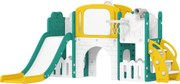 AIYAPLAY Zestaw zjeżdżalni 7 w 1 dla dzieci, kosz do koszykówki, motyw żabki, urządzenie do wspinaczki, siedzisko huśtawki, do użytku wewnętrznego i zewnętrznego, Żółty+Zielony