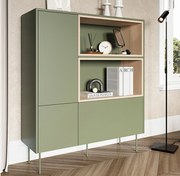 Komoda wysoka Desin 120 cm z wnękami, szufladą i metalowymi nogami- oliwka / dąb nagano