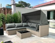 Wielofunkcyjny zestaw mebli ogrodowych - narożnik, leżanka z daszkiem Galicja 101 beż, poduszki szare