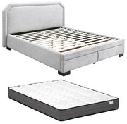 Łóżko z szufladami 140 x 190 cm - Tkanina - Jasnoszary + Materac - INASTO