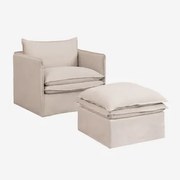 Komplet Wypoczynkowy Z Fotelem I Pufą Z Lnu I Bawełny Grace Tkaniny Beige - Sklum