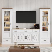 Zestaw mebli do salonu - 2 nowoczesne witryny z diodami LED + 1 kredens z 4 drzwiami + 3 szuflady - płyta wiórowa - kolor biały