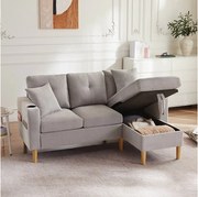 Sofa 3-osobowa z leżanką - 175 x 129 x 90 cm - ze schowkiem + 2 poduszki - bawełna + len - jasnoszara