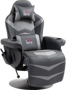 HOMCOM Fotel do gier z funkcją masażu, regulowane oparcie, podnóżek, do 120 kg, konstrukcja stalowa, Skóra Ekologiczna, Szary