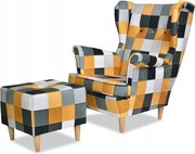 Fotel Uszak z pufką kratkowany wzór żółto czarny