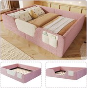 Tapicerowane łóżko dziecięce - 140 x 190 cm - z wyjmowanymi barierkami zabezpieczającymi + materiałowy pokrowiec do przechowywania - aksamit - różowe