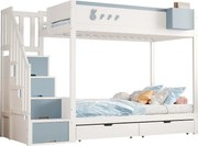 Łóżko piętrowe dziecięce 90x200 cm - zdejmowany pojemnik do przechowywania - drabinka bezpieczeństwa - z 2 szufladami - biały + niebieski