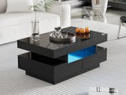 Stolik kawowy z połyskiem, z listwą świetlną LED, 4 szuflady z przodu i z tyłu, Płyta wiórowa, Czarny