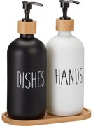 Dozownik na płyn do naczyń i mydło na bambusowej tacce EASY, 2 x 500 ml