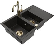Mexen Gaspar zlewozmywak granitowy 1,5-komorowy z ociekaczem i baterią kuchenną Carla, czarny/złoty metalik - 6507-75-670700-50