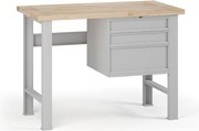 Stół warsztatowy G7, blat bukowy, 1200 x 685 x 840 mm, 1x kontener, 3x szuflada, szary