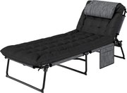 Outsunny Składany leżak ogrodowy z poduszką, leżak z 4-stopniowo regulowanym oparciem i boczną kieszenią, czarny | Aosom PL