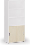 Szafa biurowa kombinowana PRIMO WHITE, drzwi przesuwne na 2 poziomach, 800 x 420 x 1781 mm, biały/brzoza