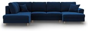 Niebieski aksamitny rozkładany narożnik ze schowkiem (lewostronny/w kształcie litery U) Kyoto – Cosmopolitan Design