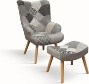 Fotel z szarej patchworkowej tkaniny i drewnianymi nogami, z podnóżkiem - HAVANA