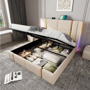 Łóżko ze schowkiem 180x200 cm - beżowy len - łóżko małżeńskie z funkcją ładowania USB i LED - bez materaca
