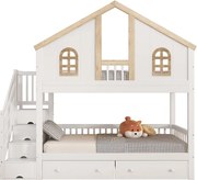 Łóżko piętrowe dla dzieci - 2 x 90 x 200 cm - z oknem + 2 szuflady + 4 schowki w schodach - sosna + MDF - białe + naturalne
