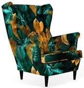 Fotel Uszak zielony złoty kolor liście tropikalnie - DOSTĘPNY OD RĘKI