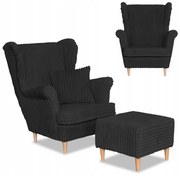 Fotel uszak Rene z podnóżkiem skandynawski Family Meble czarny sztruks